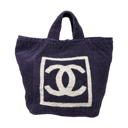 CHANEL Sport Vintage CC Big Logo Beach Terry Cloth Tote Bag Dark Blue 902369
