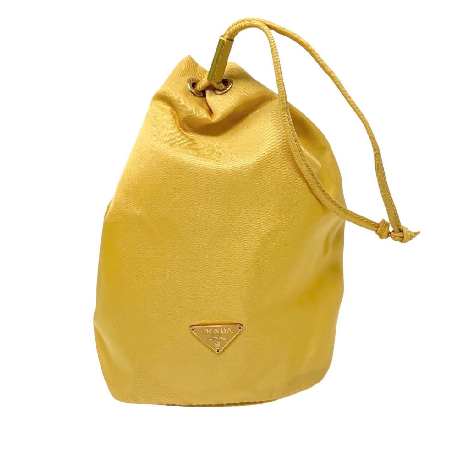 PRADA Vintage Triangle Logo Drawstring Bag Handbag Pouch Yellow Nylon