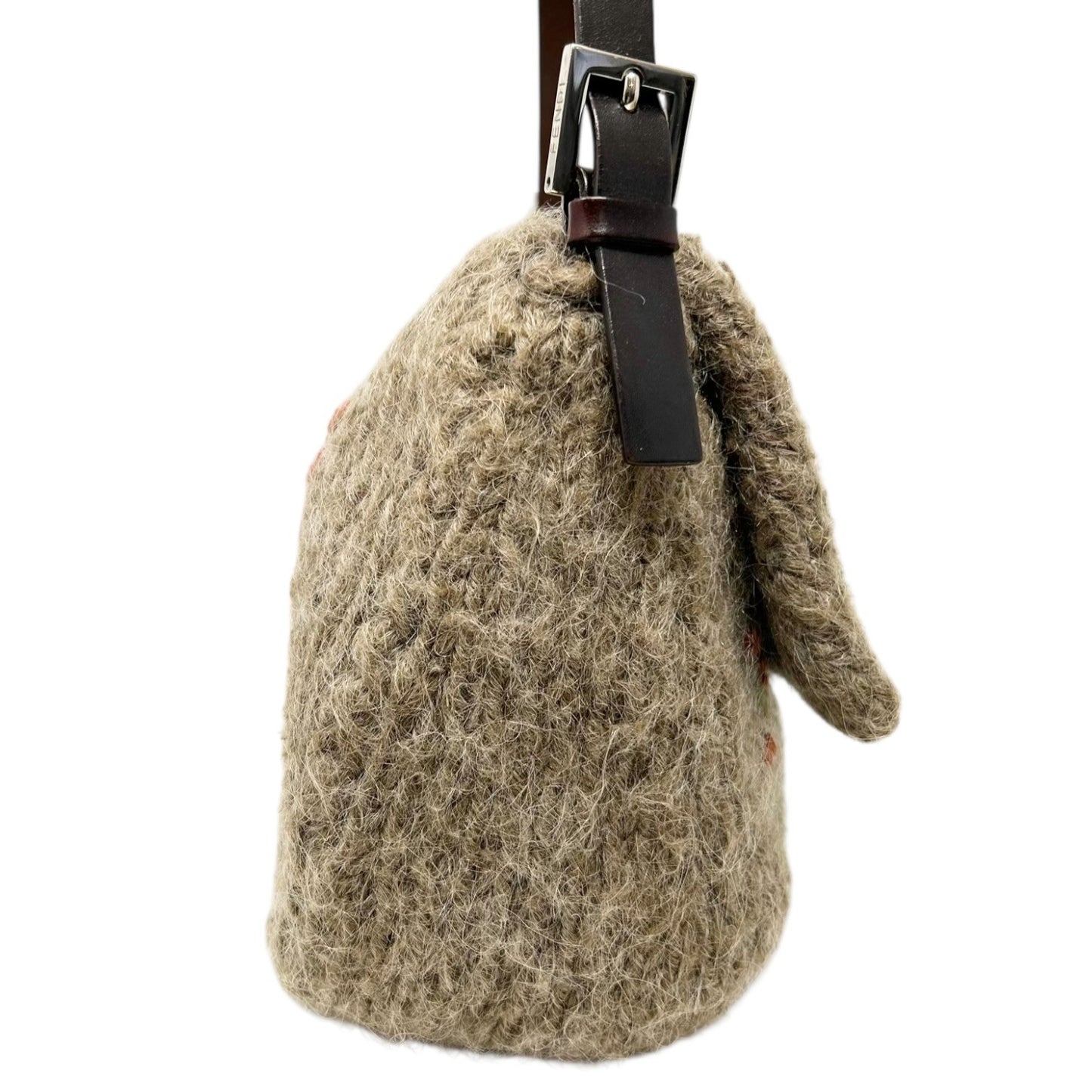 FENDI Vintage FF Knit Mamma Baguette Flower Wool Shoulder Bag Beige Brown