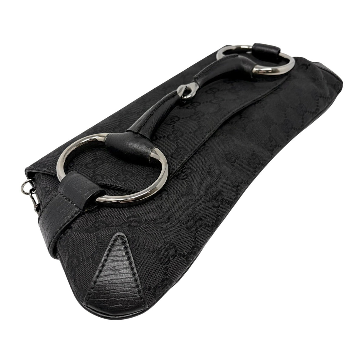 GUCCI Vintage Horsebit GG Monogram Chain Shoulder Bag Black Silver 902485