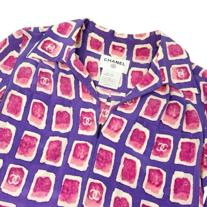 CHANEL Vintage 01P CC Mark Logo Shirt Zip Poket #36 Purple Pink Silk