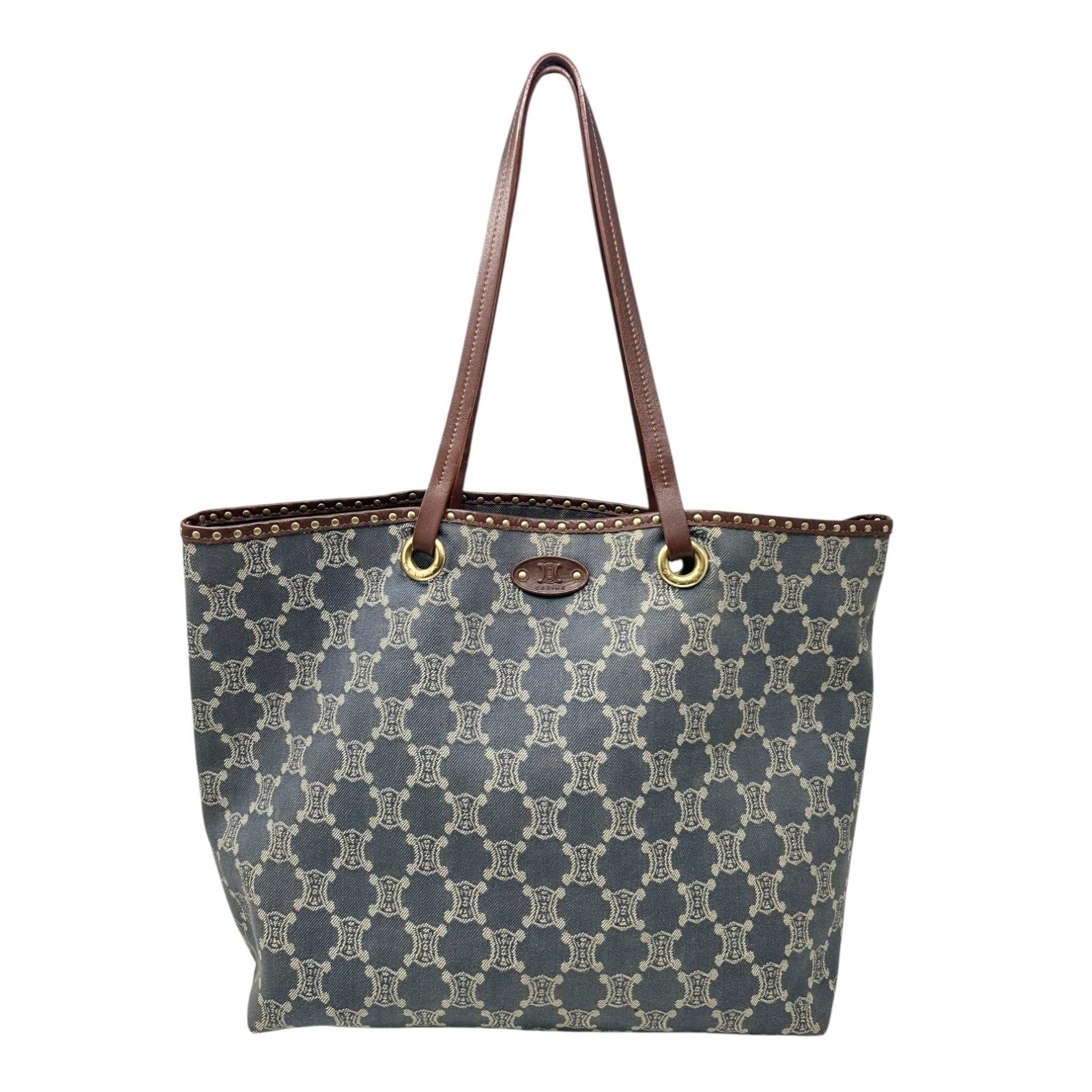 CELINE Vintage Macadam Monogram Logo Denim Tote Bag Blue Gold Cotton Leather