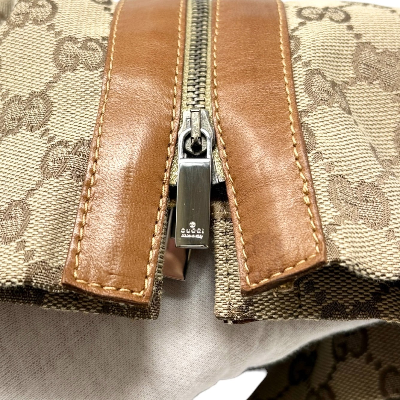 GUCCI Vintage GG Monogram Zip Knee Length Skirt #38 Beige Canvas Leather 902232