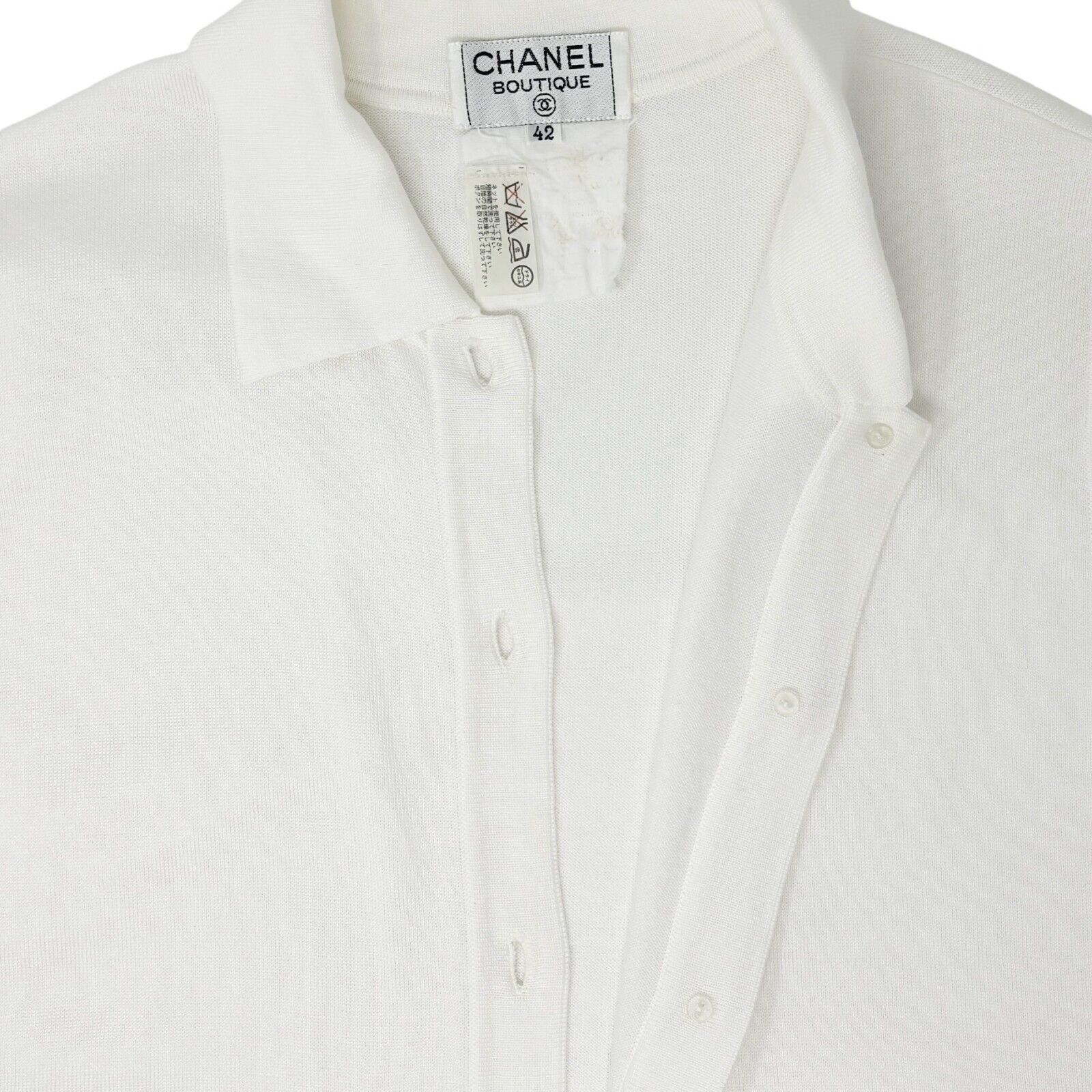 CHANEL Vintage 94P CC Logo Collared Top #42 White Gold Button Cotton Rank AB