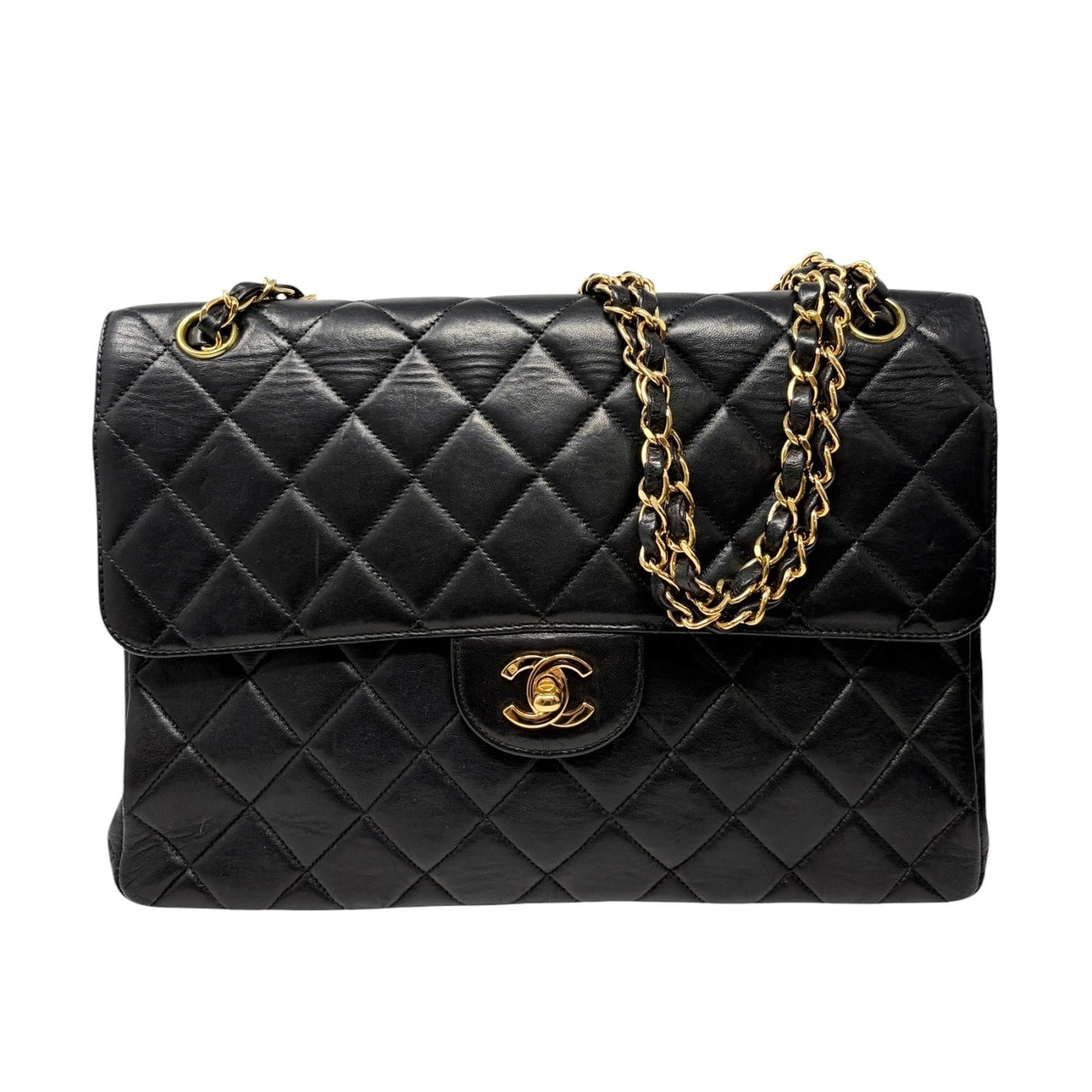 CHANEL Vintage CC Logo Quilted Double Flap Shoulder Bag Black Leather 902096