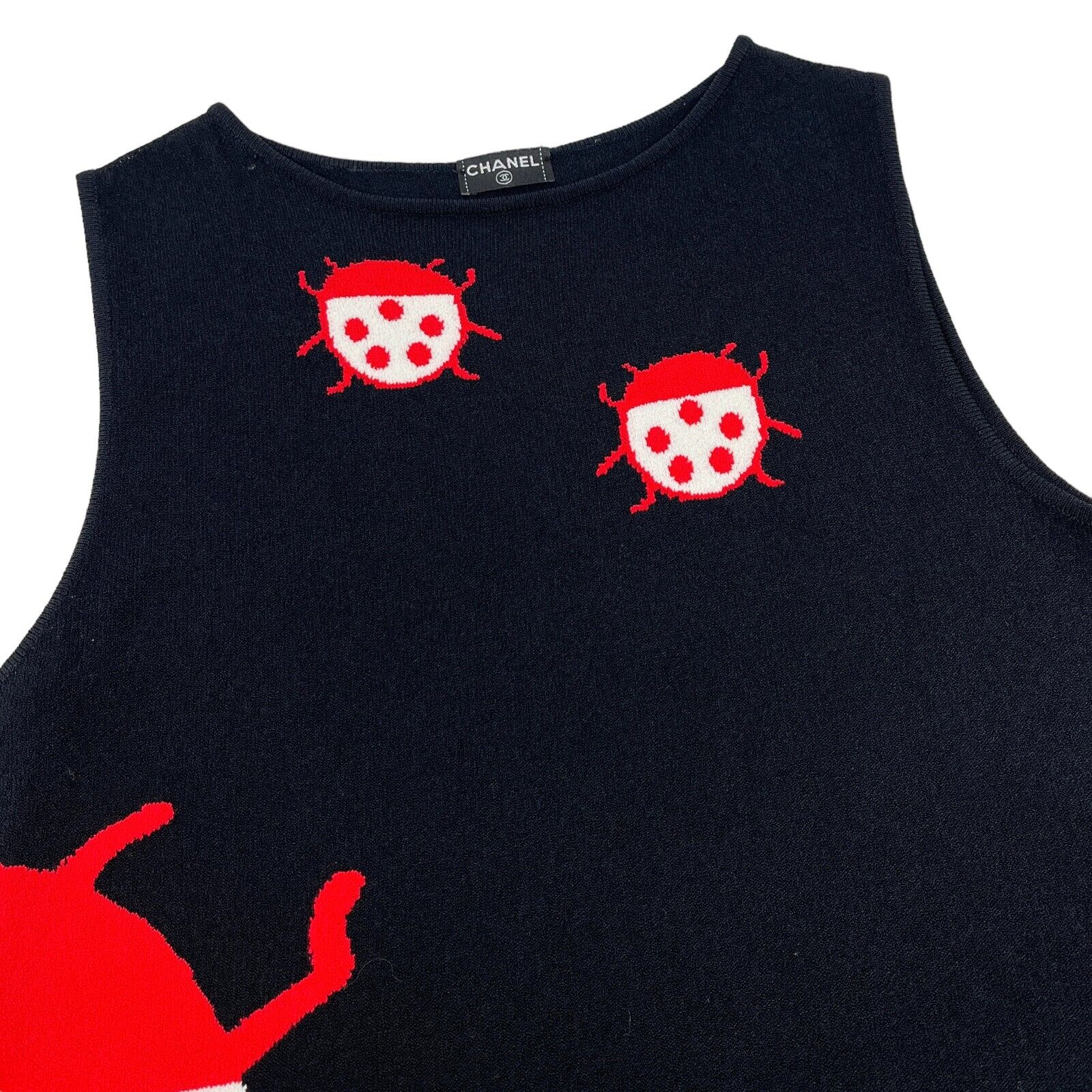 CHANEL Vintage 04P CC Mark Logo Ladybugs Knit Tank Top Black Red Cotton Rank AB+