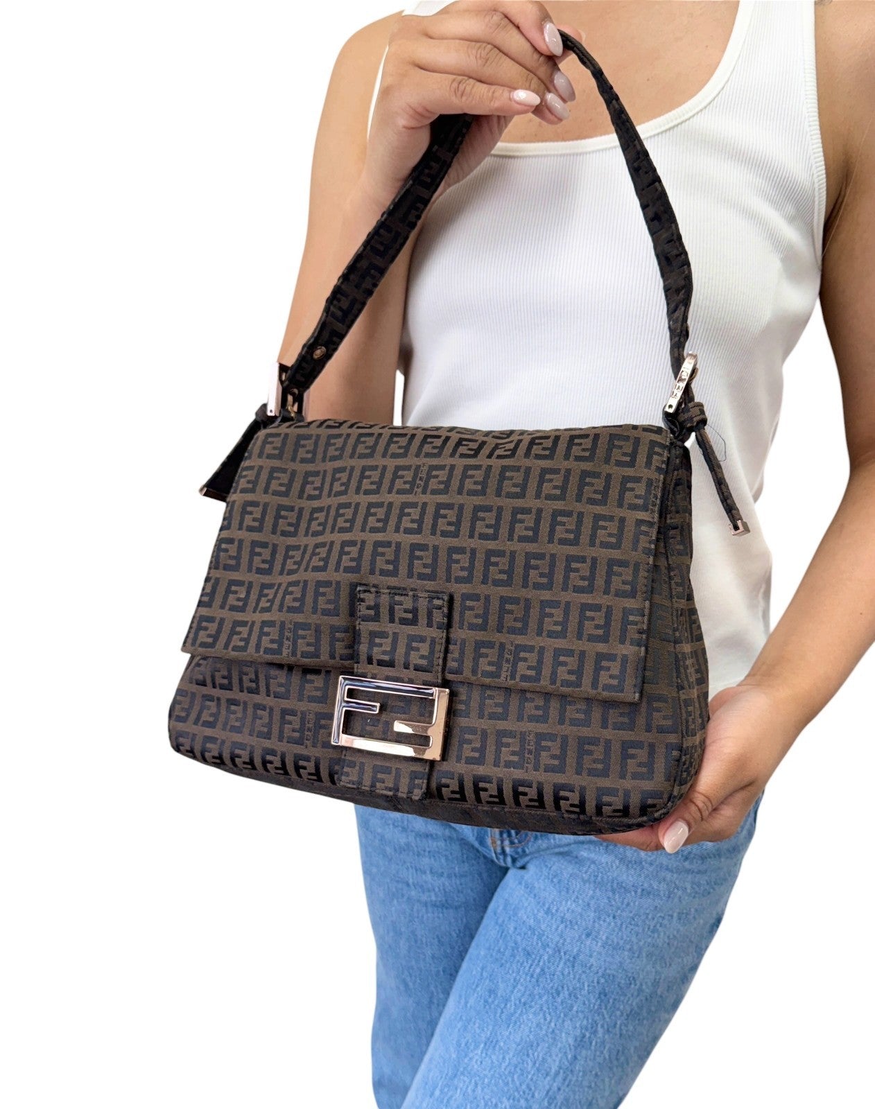 FENDI Vintage FF Logo Zucchino Mamma Baguette Shoulder Bag Brown 901885