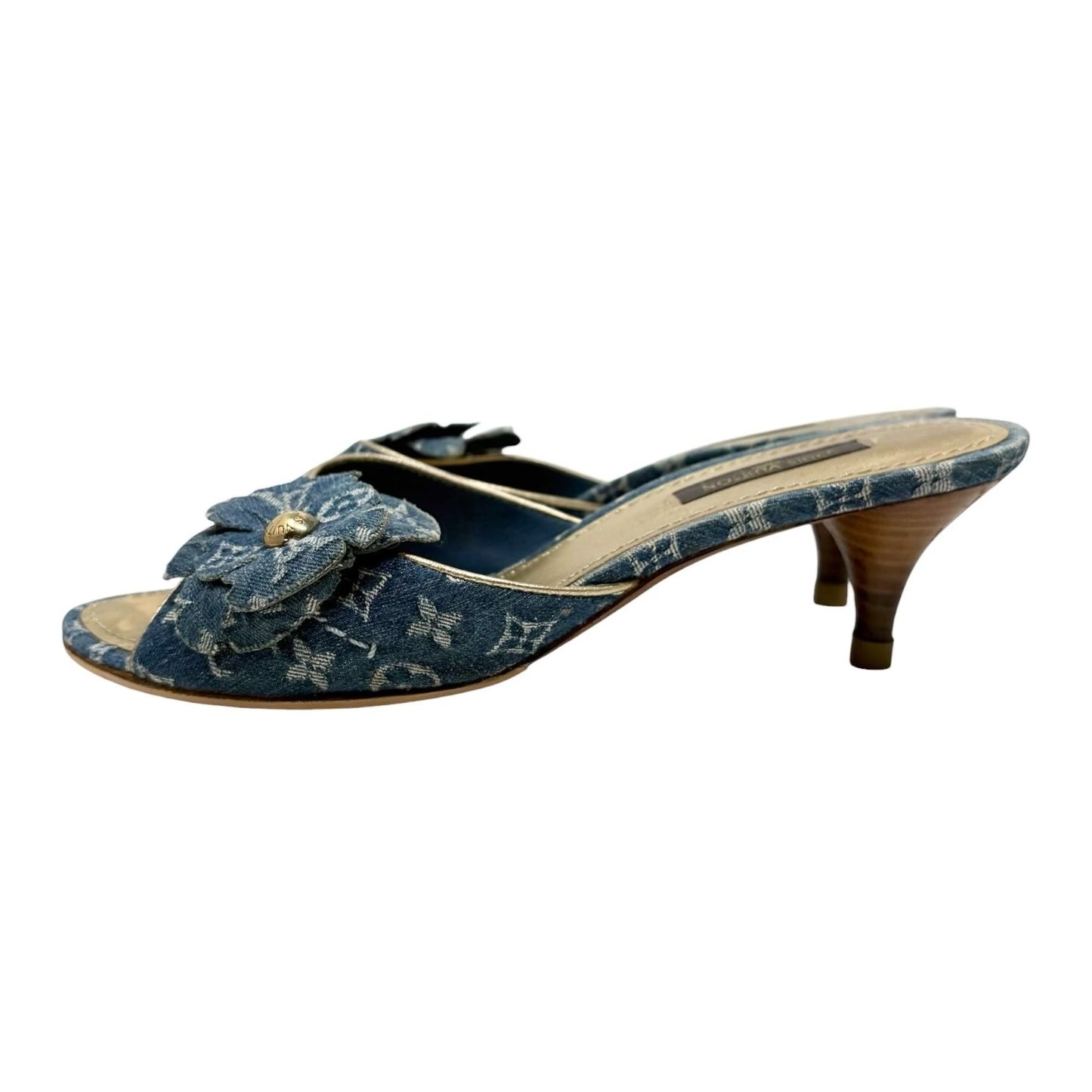 LOUIS VUITTON Vintage Monogram Denim Flower Sandals #36 Blue Gold 902407