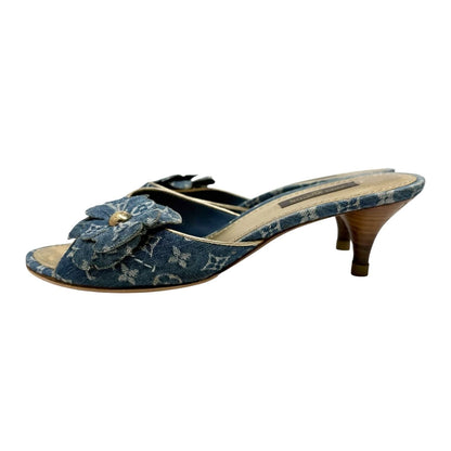 LOUIS VUITTON Vintage Monogram Denim Flower Sandals #36 Blue Gold 902407