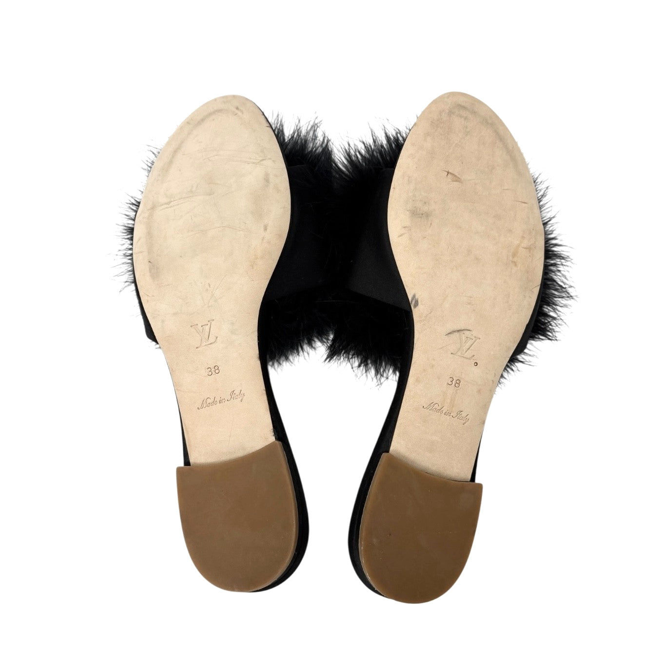 LOUIS VUITTON Vintage LV Logo Fur Flat Sandals #38 Rhinestone Black Gold Suede