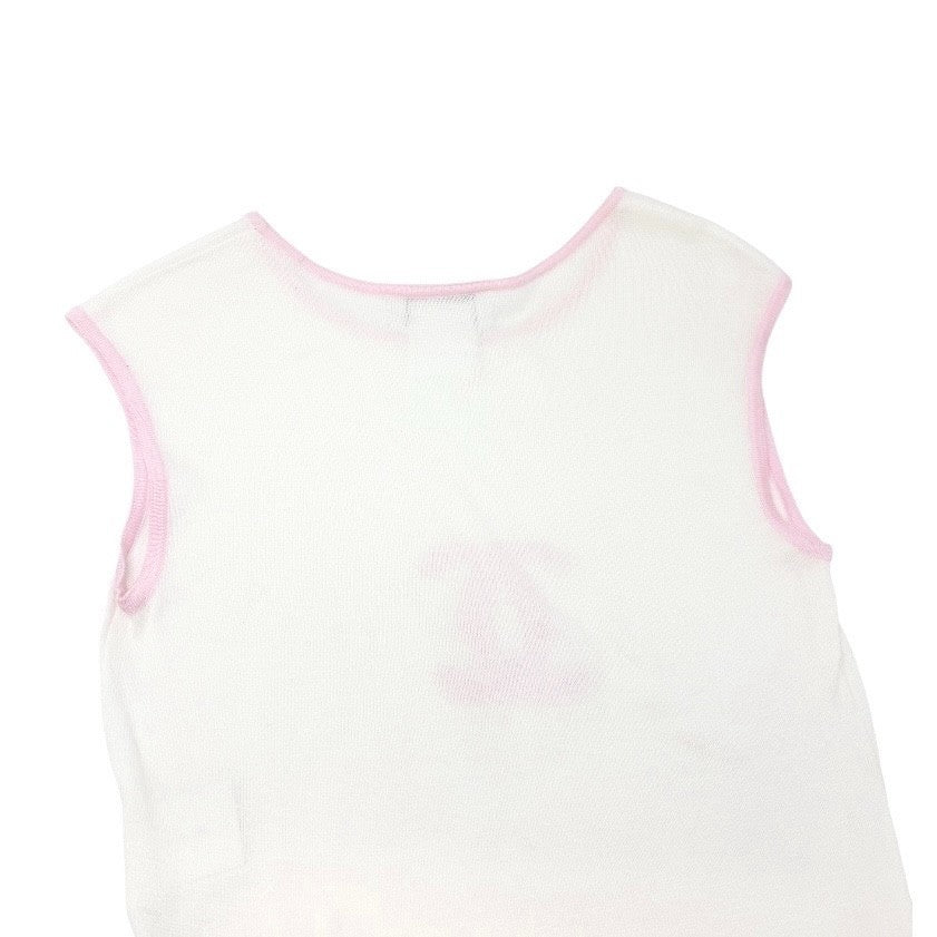 CHANEL Vintage 00S CC Mark Logo Sleeveless Top Tank Knit Cotton White Pink