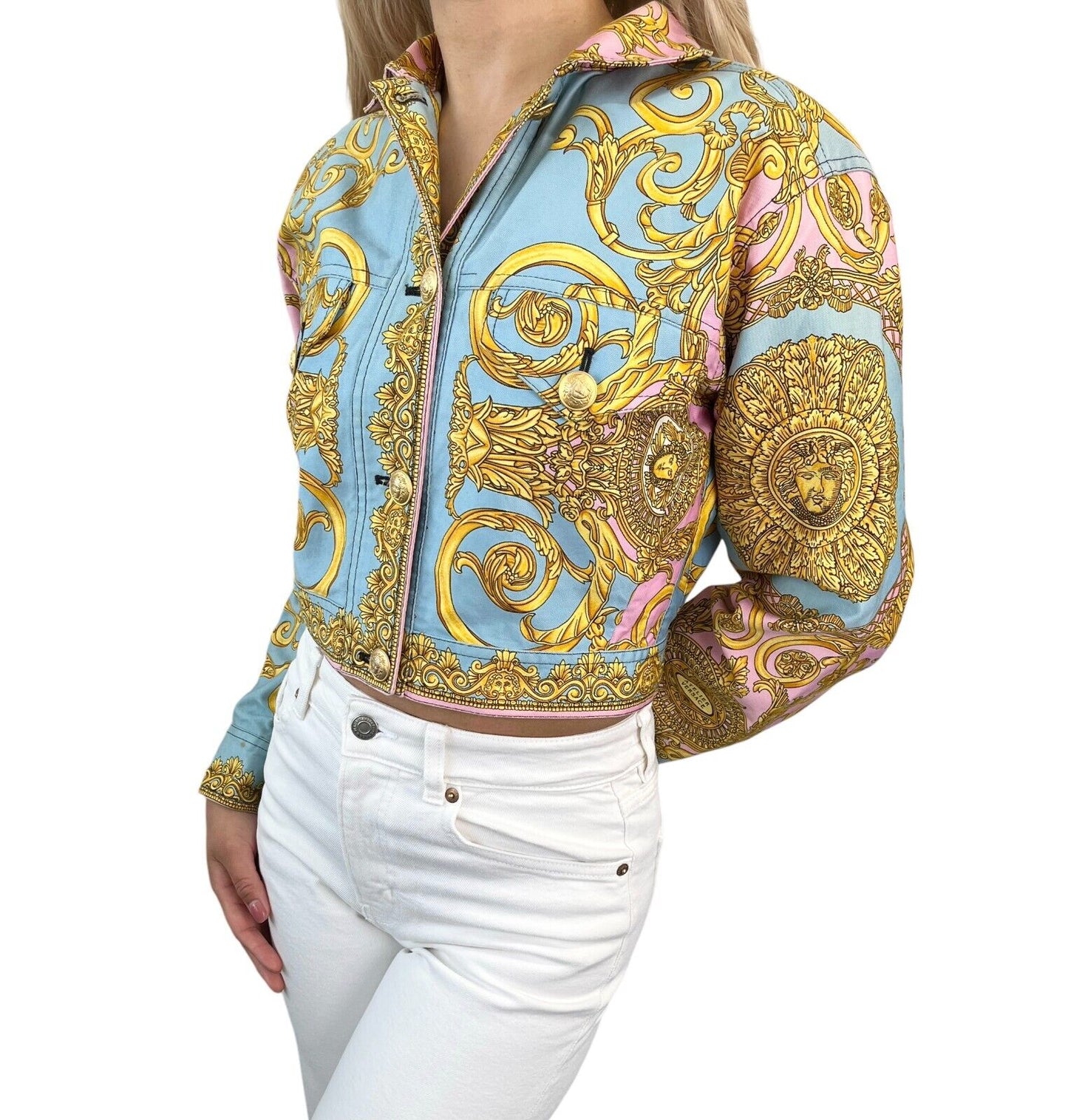 GIANNI VERSACE Vintage 1992 Medusa Baroque Denim Jacket Pink Blue Gold Rank AB