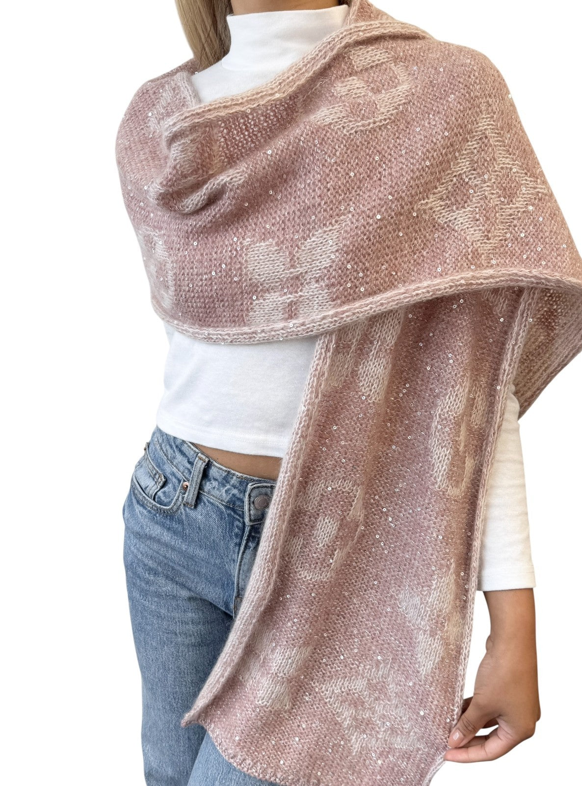 LOUIS VUITTON Vintage Monogram Logo Knit Sequins Scarf Muffler Wrap Pink Mohair