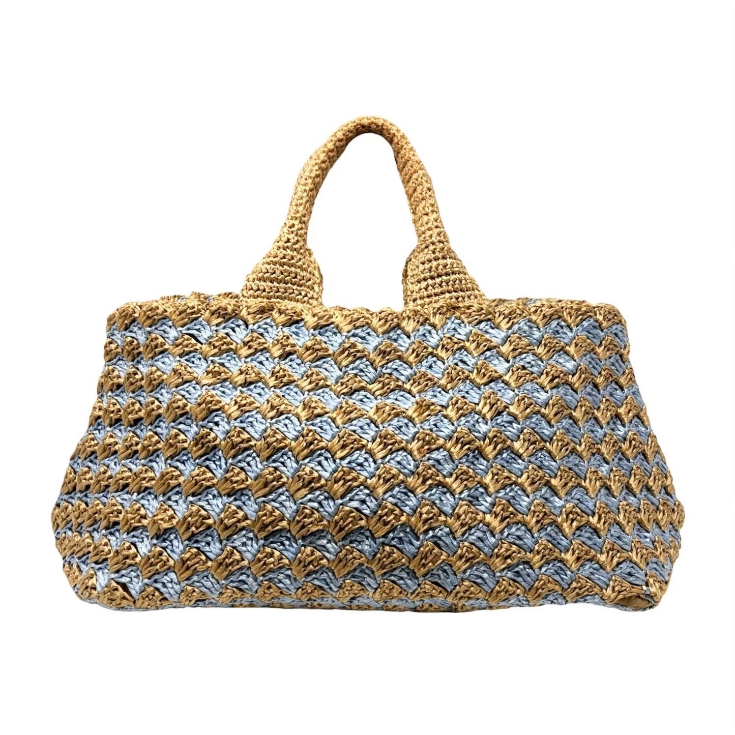 PRADA Vintage Triangle Logo Raffia Canapa Tote Bag Beige Blue Crochet 902055