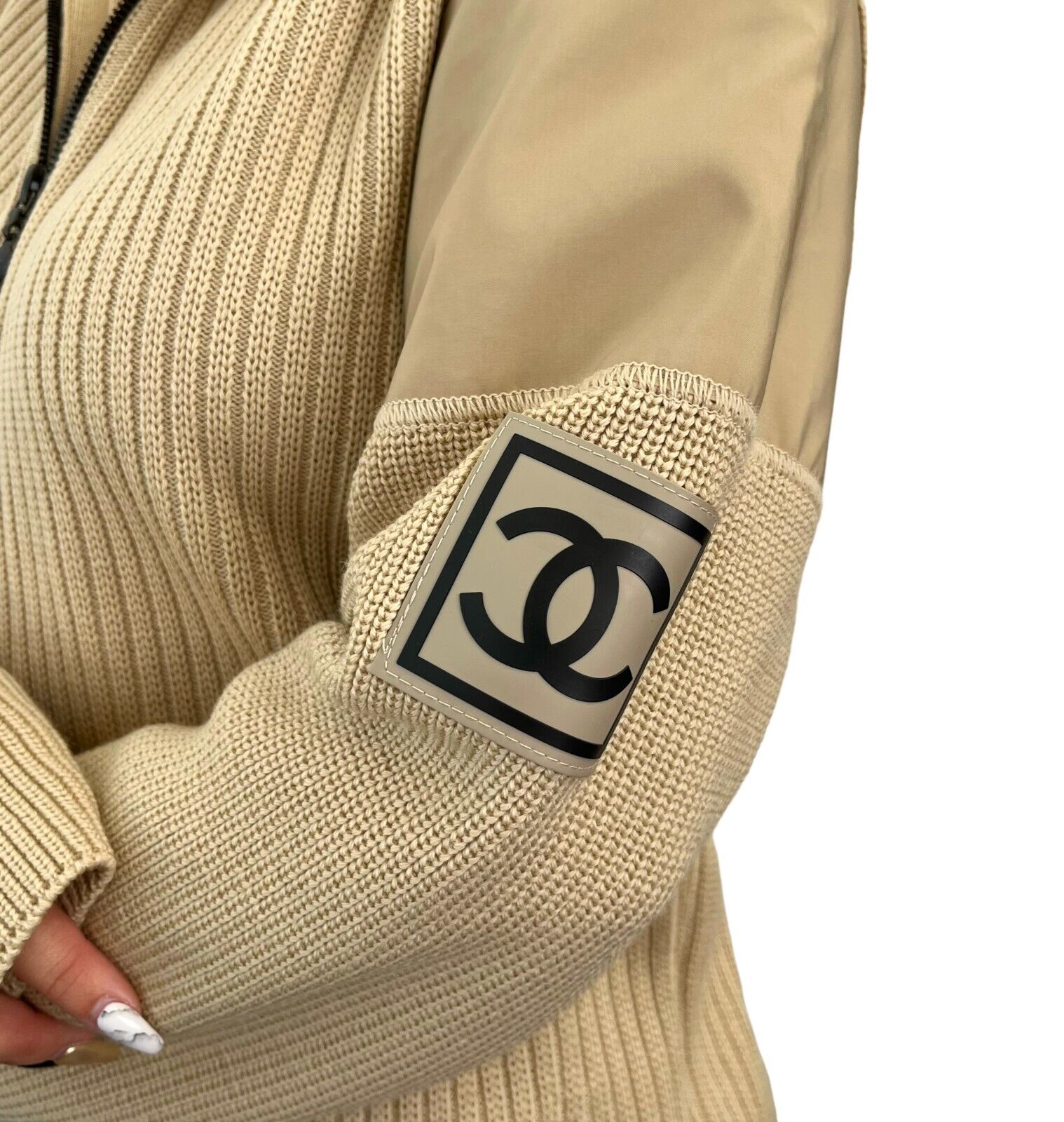 CHANEL Sport Vintage 02A CC Mark Logo Zipped Knit Jacket #46 Beige Wool RankAB+