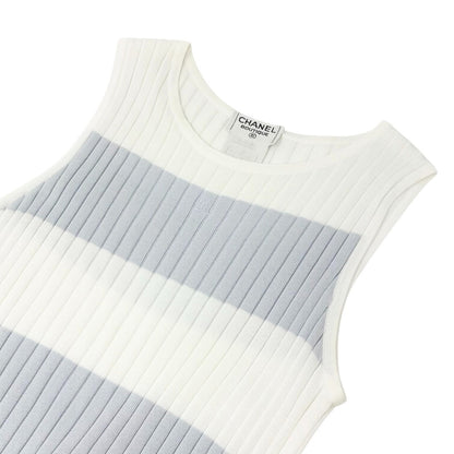 CHANEL Vintage 98P CC Stripe Rib Knit Tank Top #40 White Purple Cotton 902266