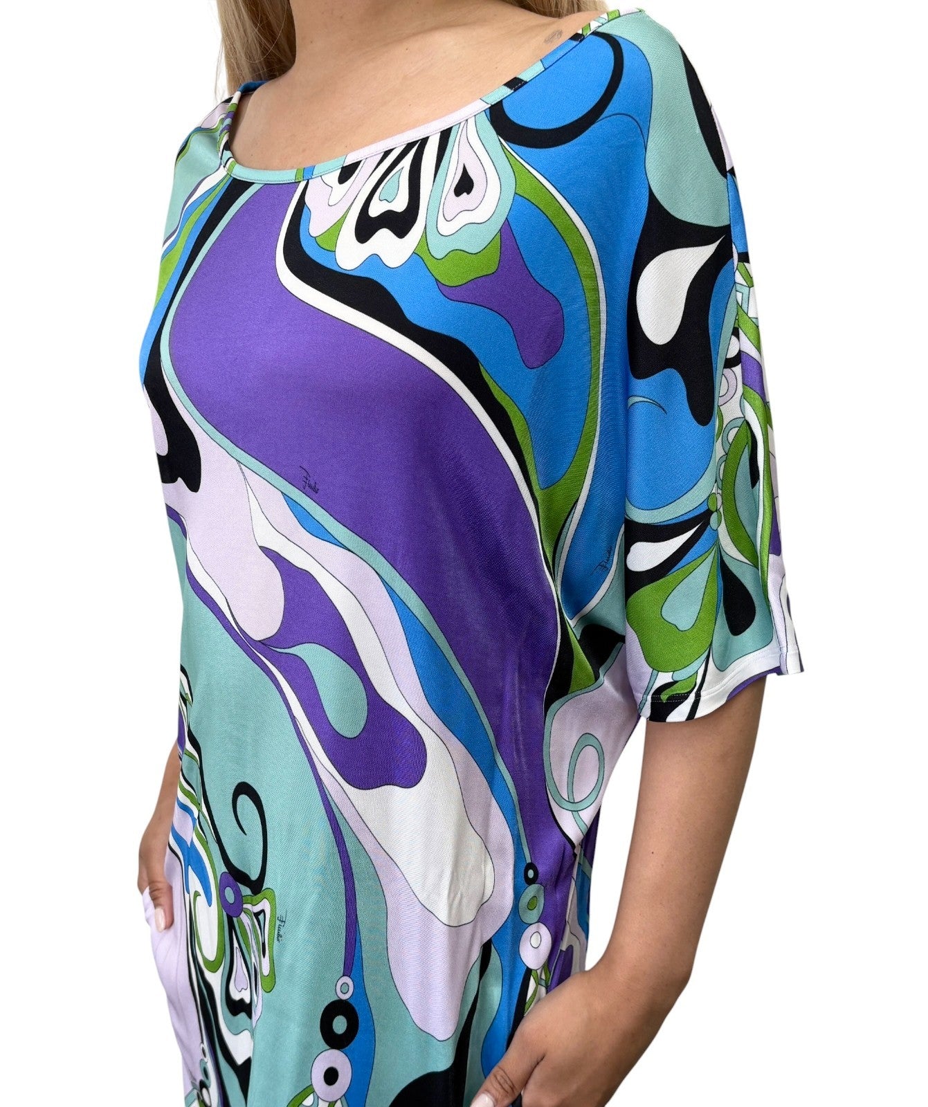 EMILIO PUCCI Vintage Logo Multicolor Abstract Print Dress #38 Blue 902418