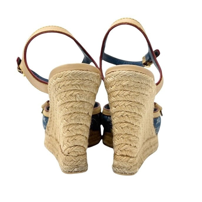 LOUIS VUITTON Vintage Logo Monogram Sandals Heels #36.5 Blue Beige Denim