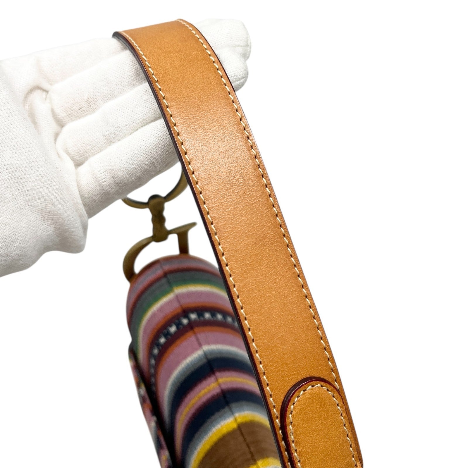 Christian Dior Vintage 2002 Logo Stripe Saddle Shoulder Bag Multicolor Camel