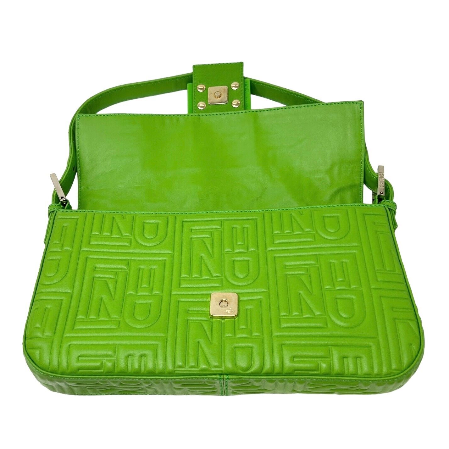 FENDI Vintage FF Logo Embossed Mamma Baguette Shoulder Bag Green Nylon Rank AB