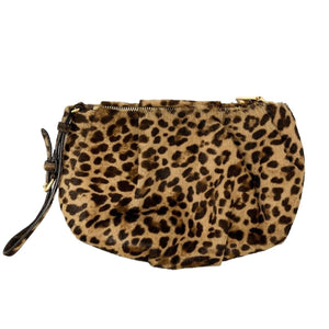 PRADA Vintage Logo Leopard Clutch Bag Wristlet Pouch Brown Calf Hair Rank AB+