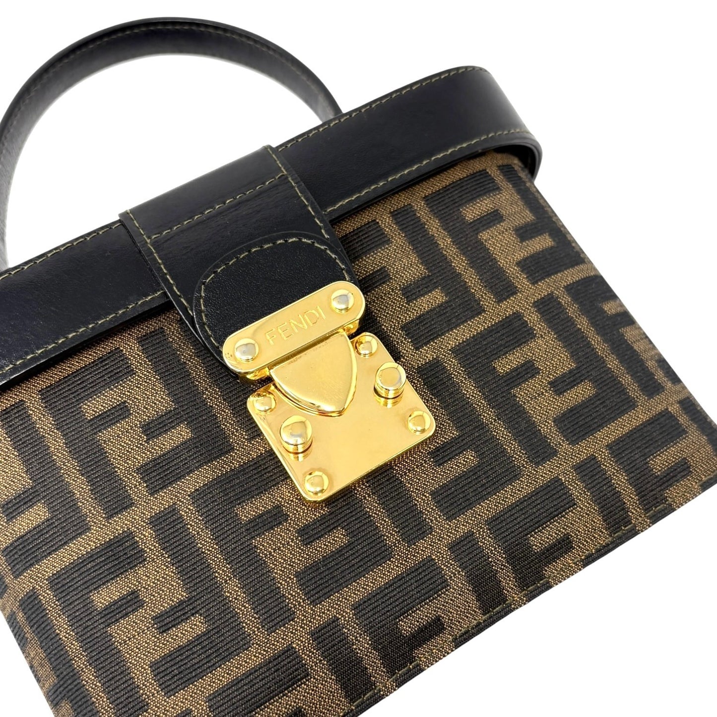 FENDI Vintage FF Zucca Vanity Bag 2way Handbag Crossbody Brown Canvas Leather