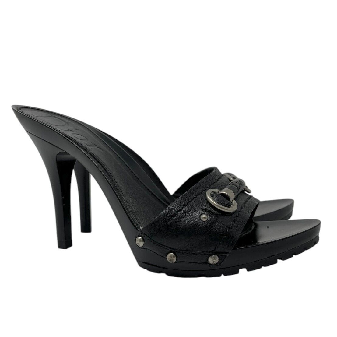 Christian Dior Vintage Logo Sandals Heels Mules #37.5-38 Black Silver Plastic
