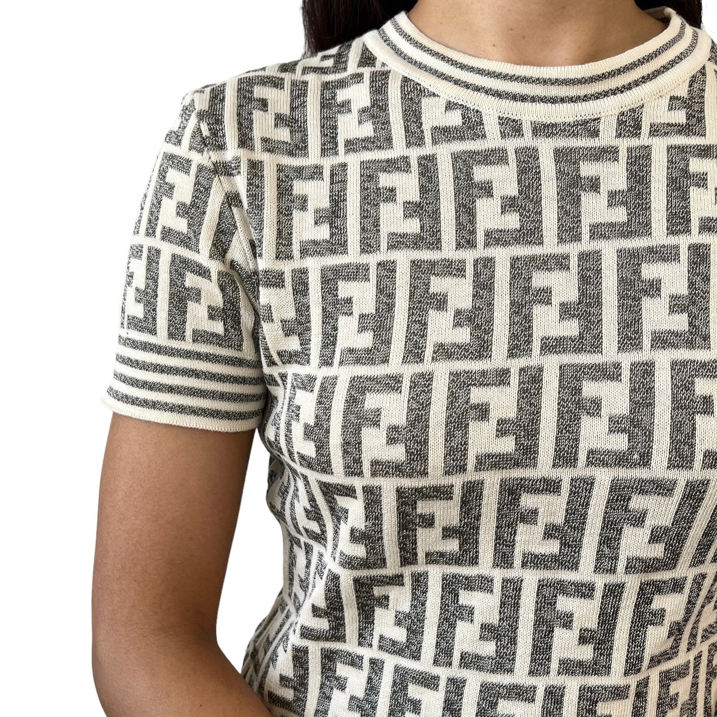 FENDI Vintage Zucca Monogram Short Sleeve Sweater Knit Top Cotton Gray Cream