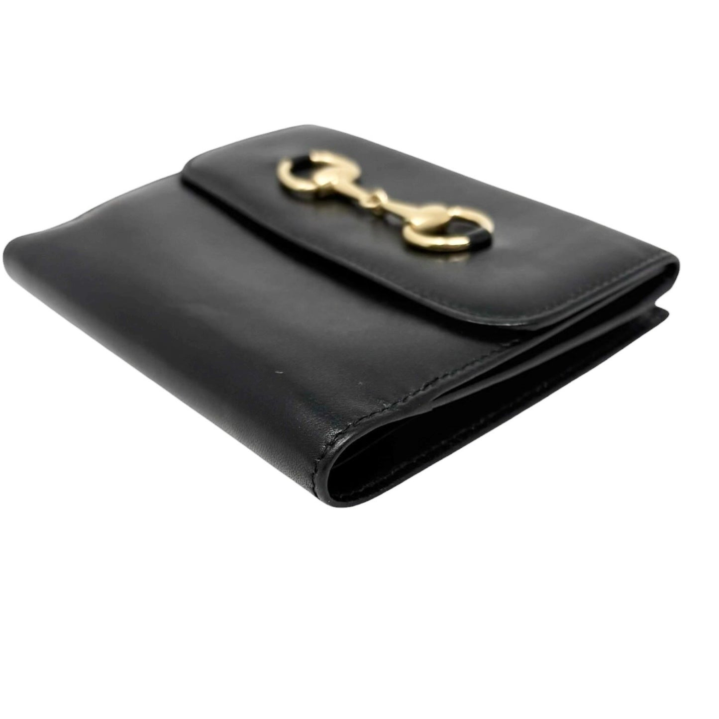 GUCCI Vintage Logo Horsebit Tri-fold Wallet Purse Black Gold Leather Square