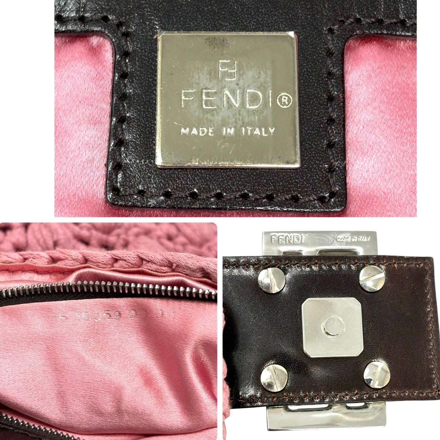 FENDI Vintage FF Logo Crochet Mamma Baguette Shoulder Bag Knit Pink Brown Wool