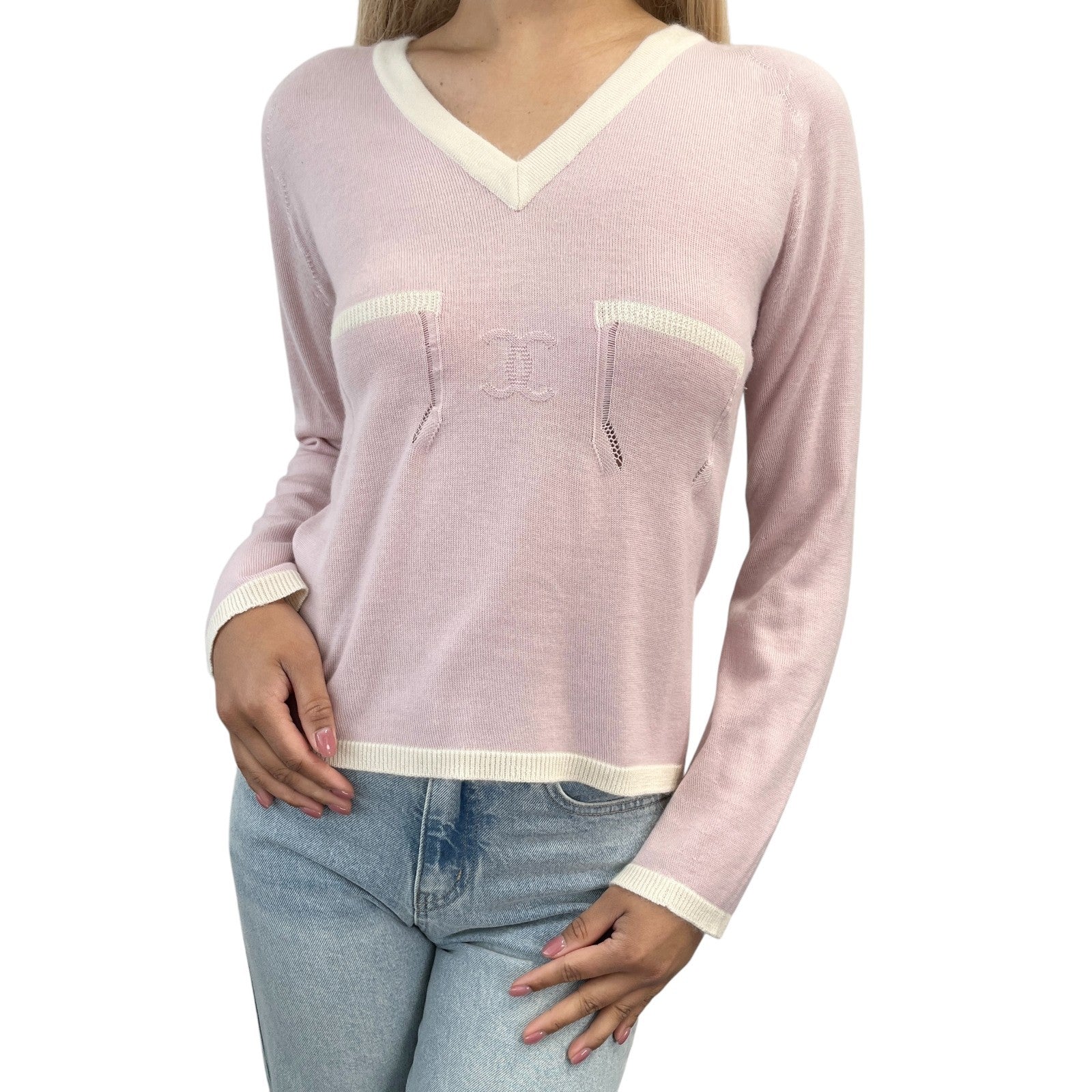 CHANEL Vintage 04C CC Logo Knit Sweater Top #38 Pocket Pink Cream Cashmere