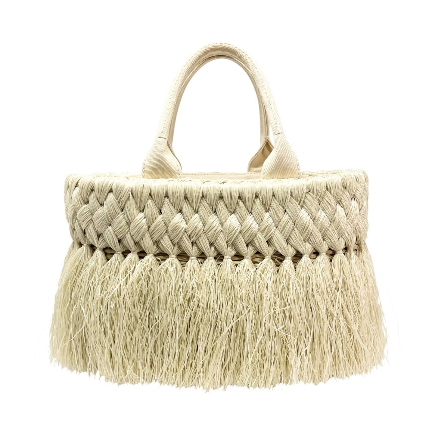 PRADA Vintage Fringe Raffia Straw Tote Crossbody Bag 2way Cream Gold 902091