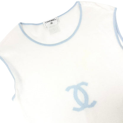 CHANEL Vintage 00S CC Logo Knit Tank Top #42 Sleeveless Blue White 901947