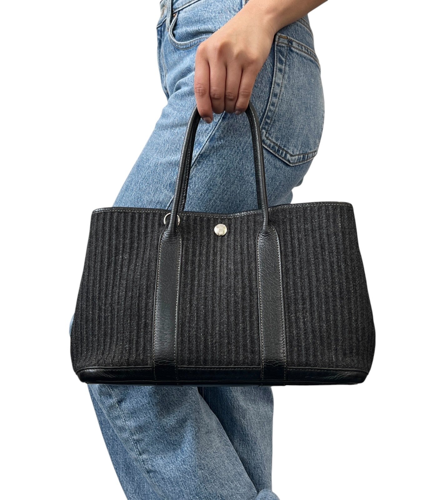 HERMES Vintage Ribbed Wool Garden Party 30 PM 2way Bag Black Silver Leather