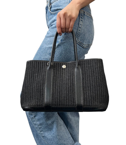 HERMES Vintage Ribbed Wool Garden Party 30 PM 2way Bag Black Silver Leather