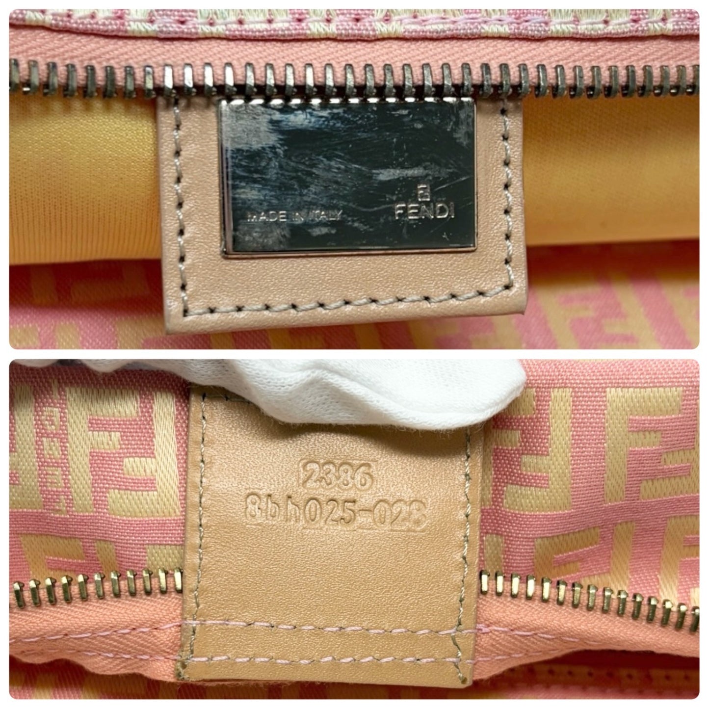 FENDI Vintage FF Logo Zucchino Tote Bag Pink Yellow Canvas Leather 901894