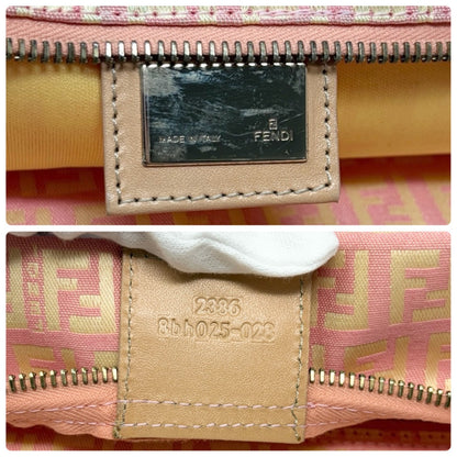 FENDI Vintage FF Logo Zucchino Tote Bag Pink Yellow Canvas Leather 901894