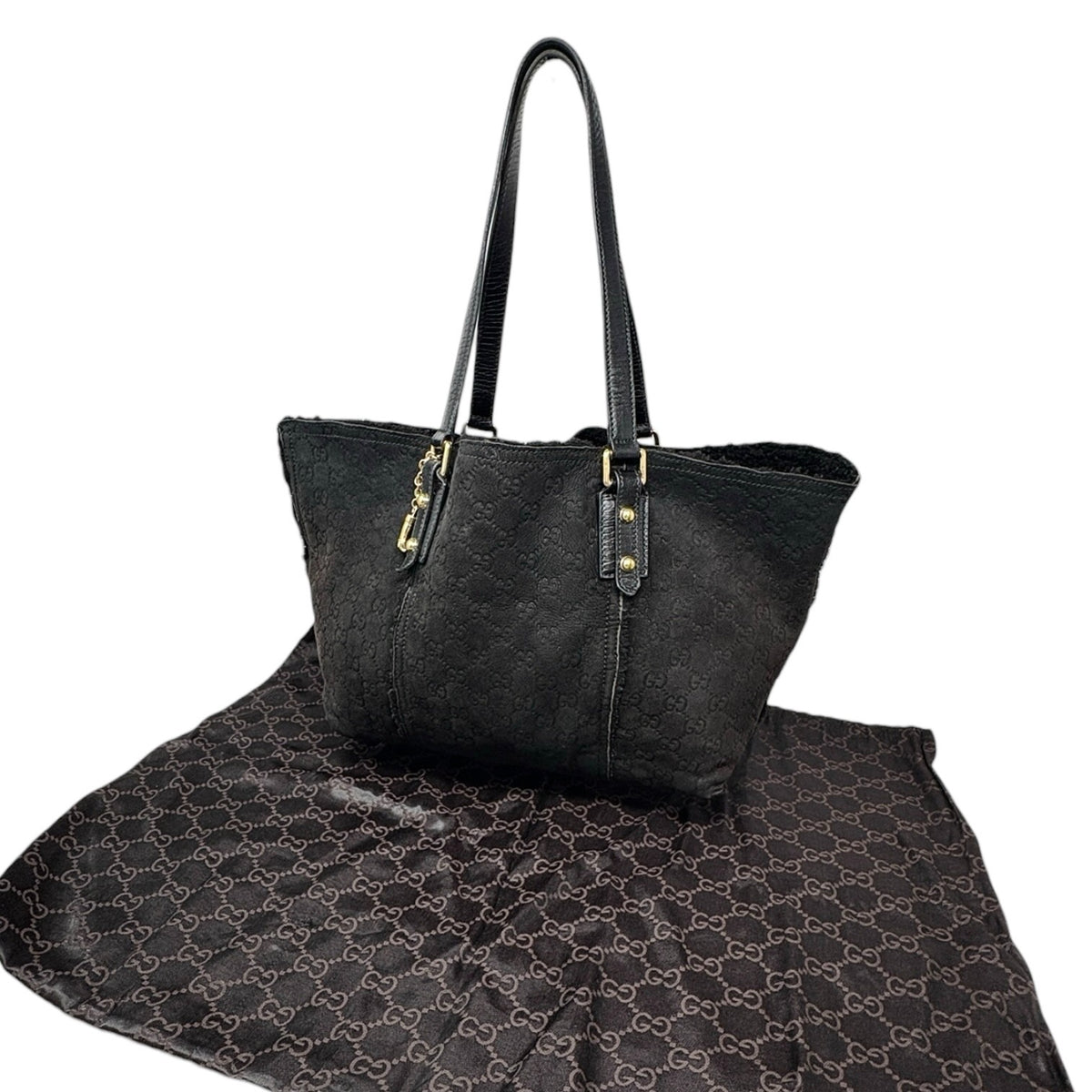 GUCCI Vintage GG Monogram Mouton Tote Bag Boots Charm Black Gold 902910