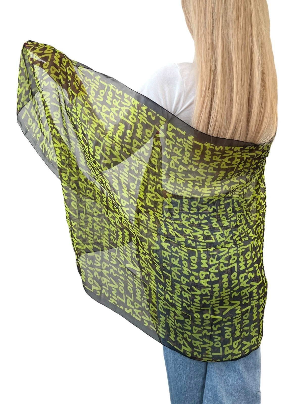 LOUIS VUITTON Vintage LV Monogram Logo Graffiti Scarf Green Brown Silk