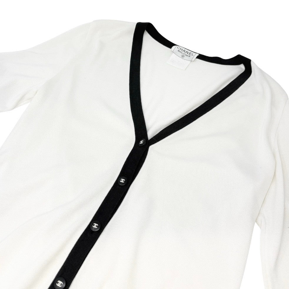 CHANEL Vintage 96P CC Mark Logo Cardigan Knit Button #46 White Black Cotton