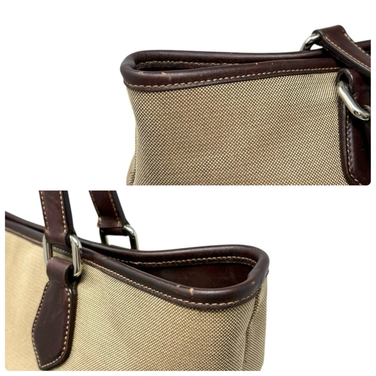 PRADA Vintage Jacquard Logo Tote Bag Brown Silver Canvas Leather 902911