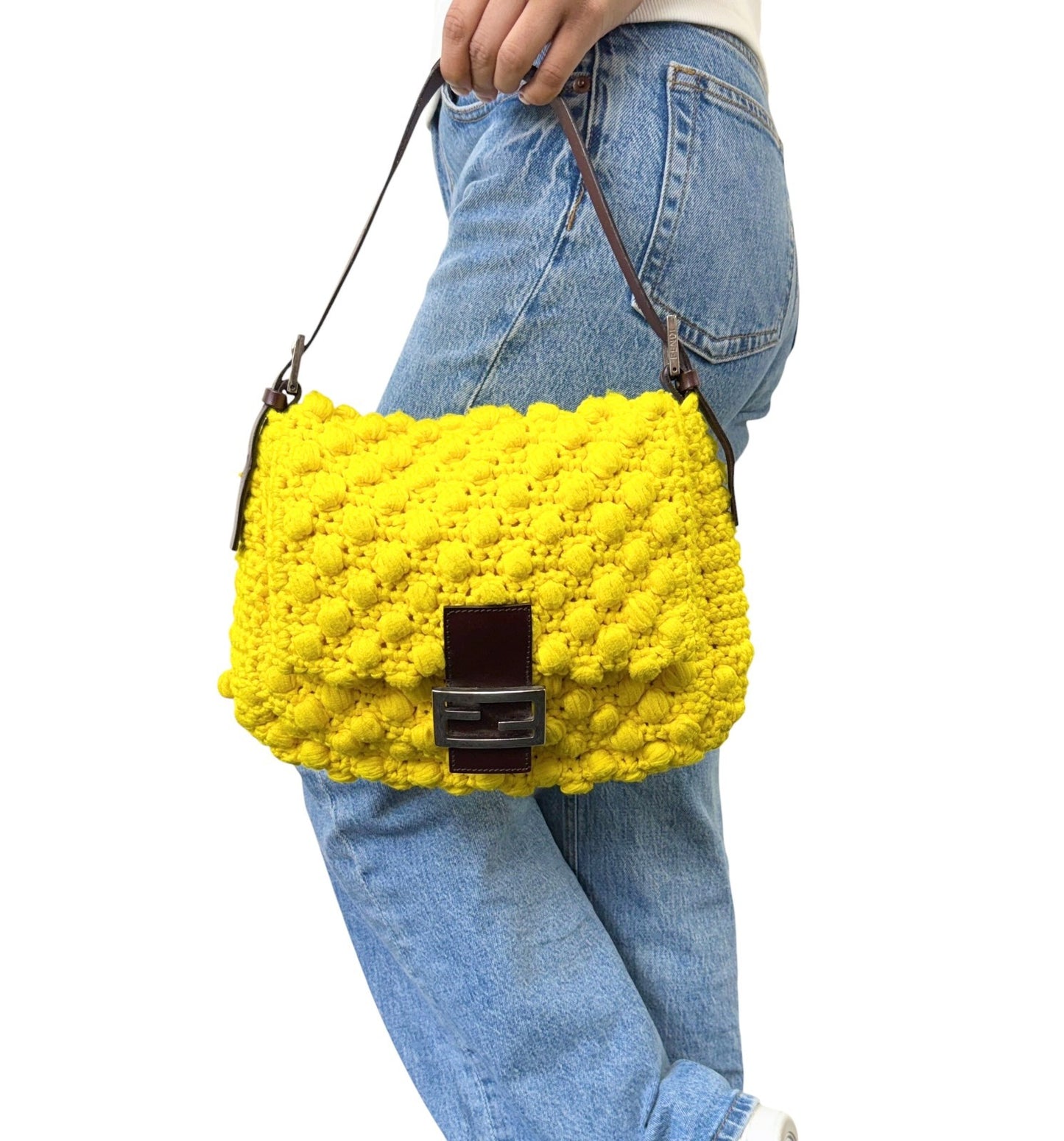 FENDI Vintage Logo Mamma Baguette Knit Shoulder Bag Yellow Brown 901876