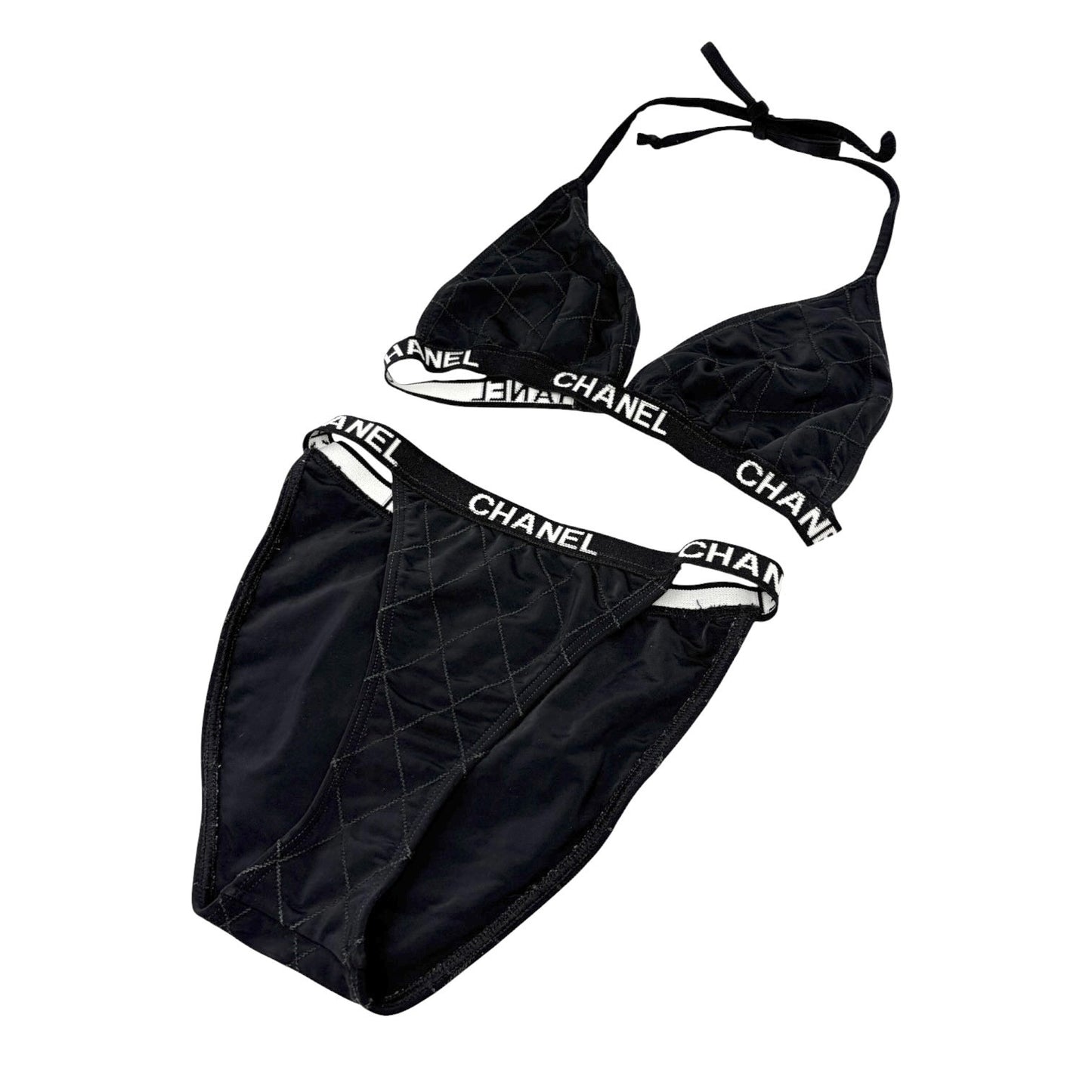 CHANEL Vintage CC Logo Swimsuit Swimwear Bikini Black White Nylon 106952