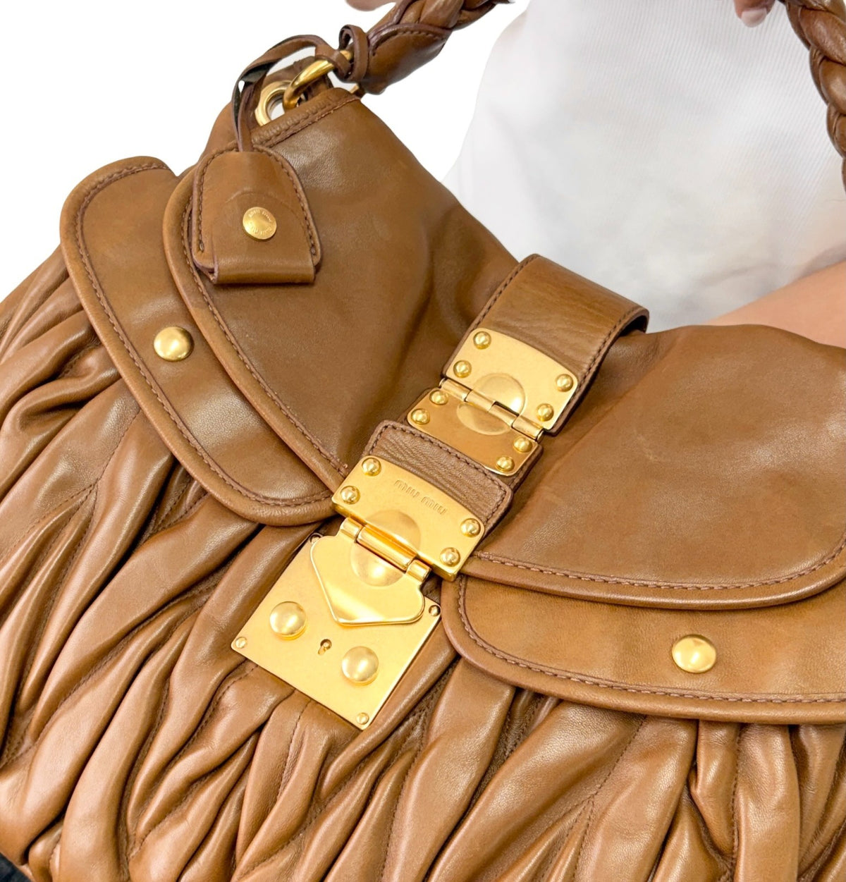 Miu Miu Vintage Logo 2way Shoulder Bag Handbag Brown Gold Leather 902346