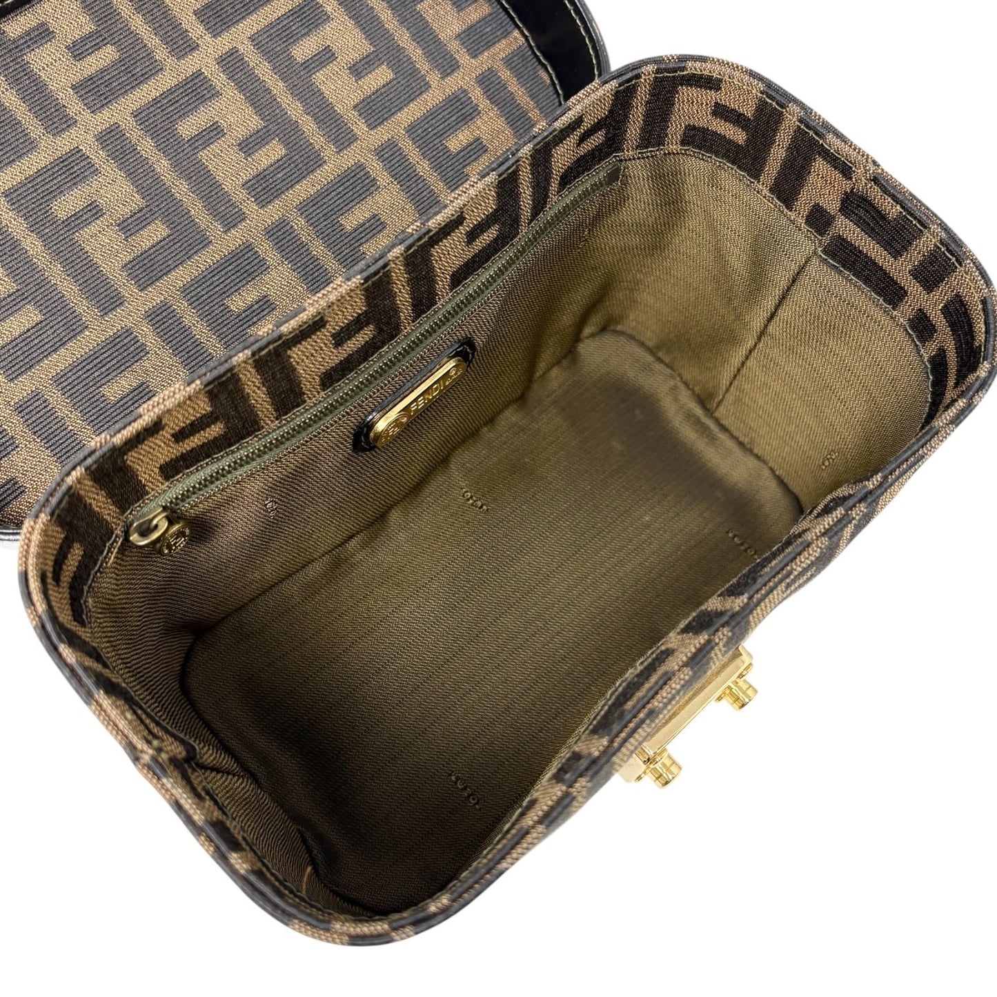 FENDI Vintage FF Zucca Vanity Bag 2way Handbag Crossbody Brown Canvas Leather