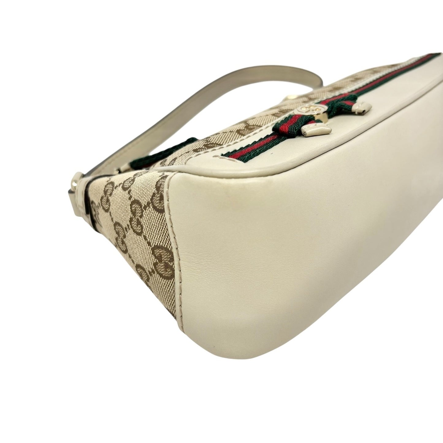 GUCCI Vintage GG Monogram Web Stripe Canvas Shoulder Bag Beige Ribbon 902570