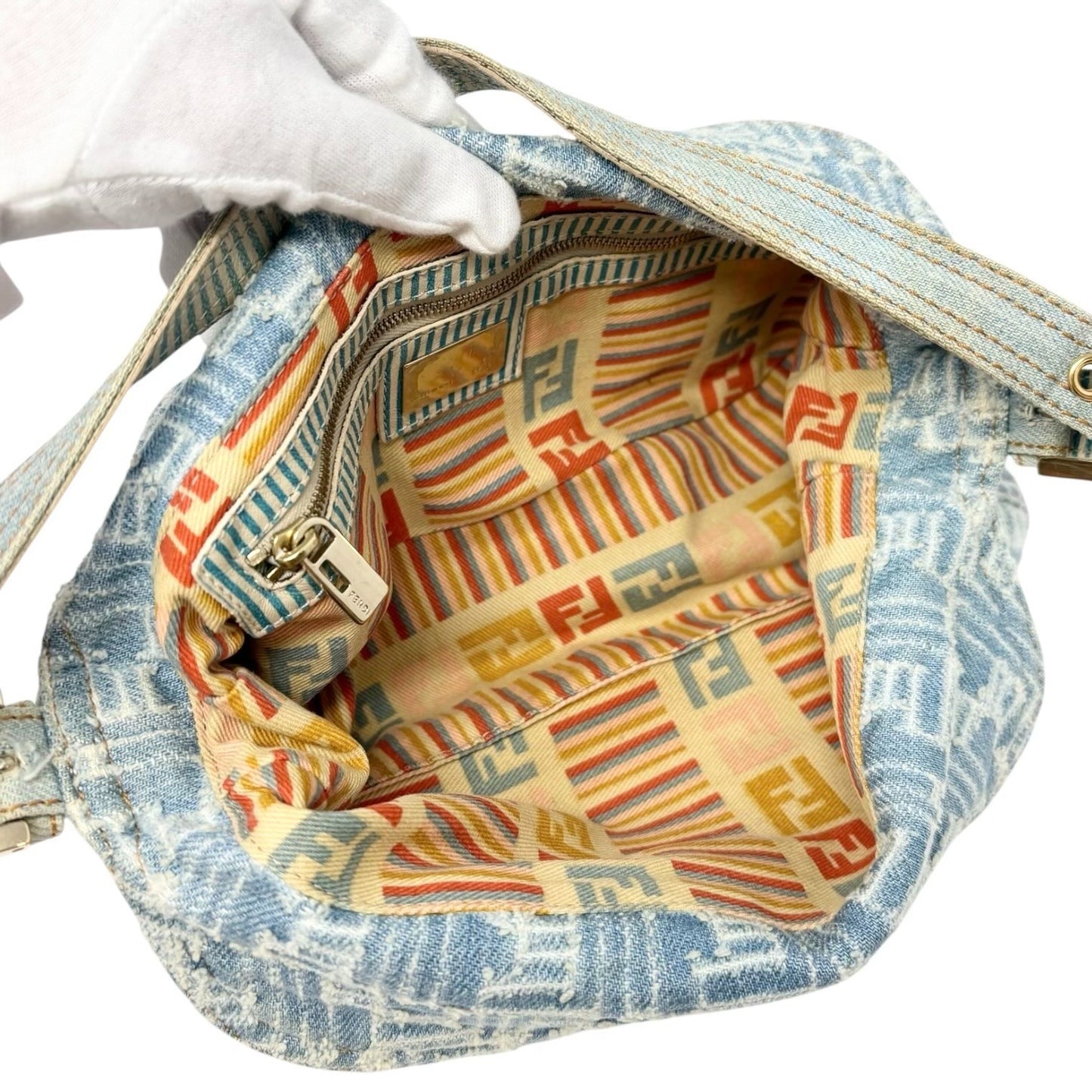 FENDI Vintage FF Zucca Monogram Denim Mamma Baguette Shoulder Bag Blue Gold
