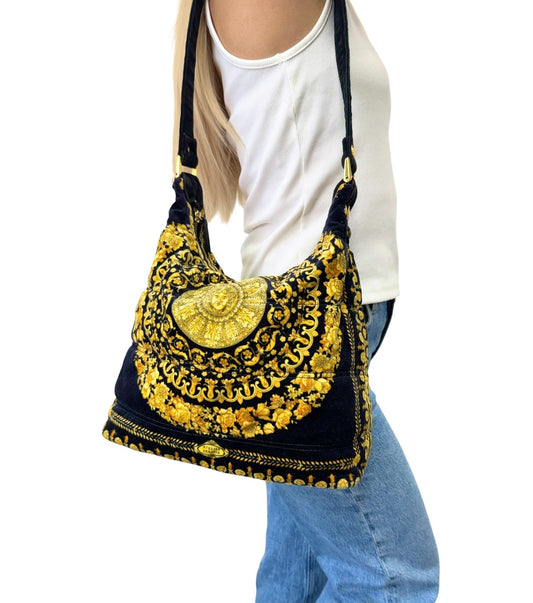 VERSACE Vintage Sunburst Logo Barocco Velvet Hobo Shoulder Bag Yellow 902307