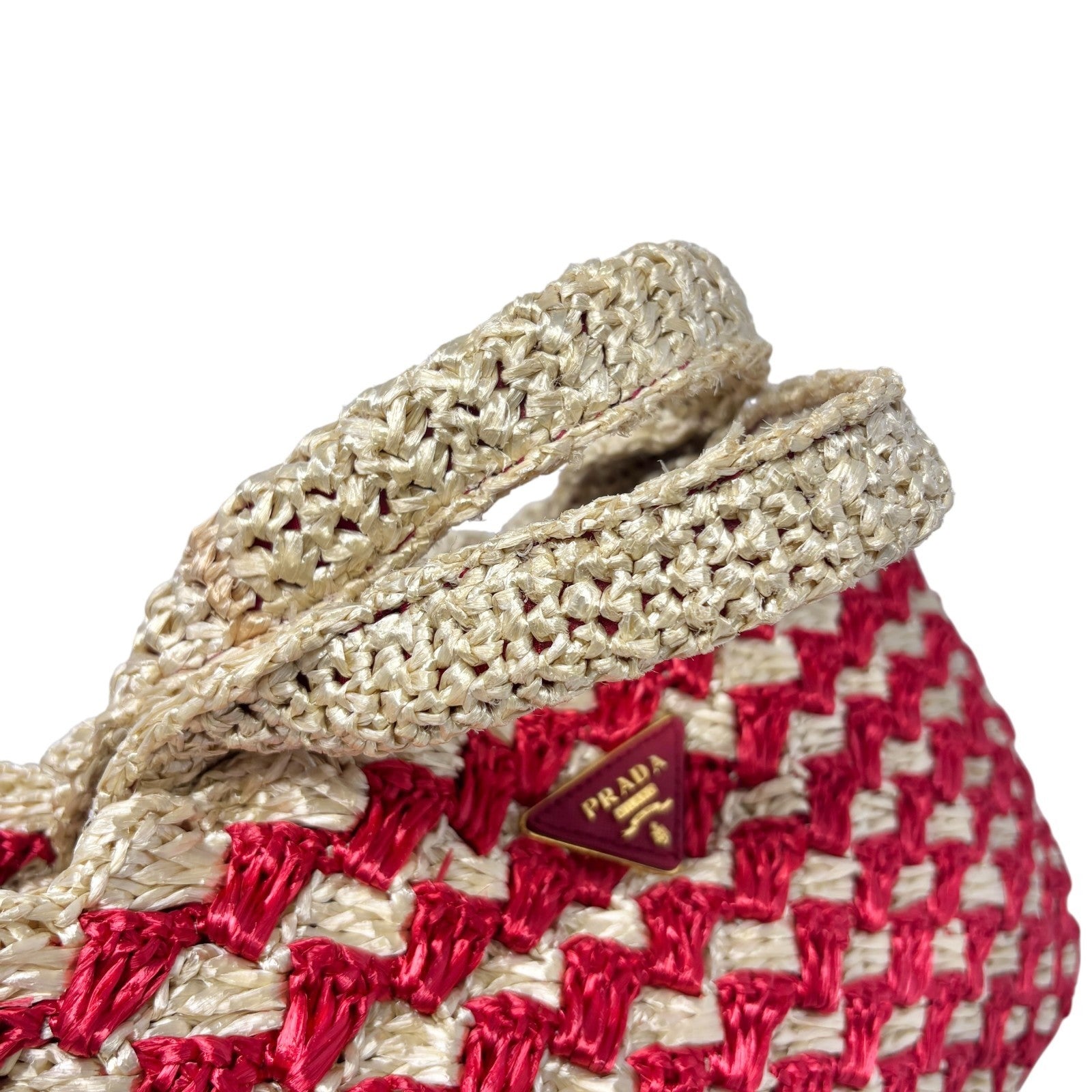 PRADA Vintage Logo Raffia Tote Bag Handbag Red Cream Gold Polyethylene