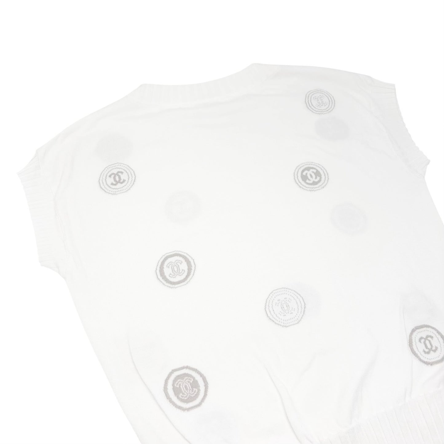 CHANEL Vintage 01P CC Logo Stamp Logo Knit Shirt Top #38 White Greige 901829